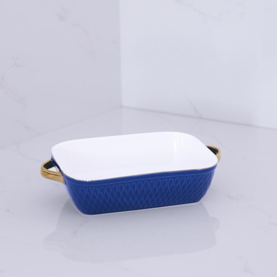 Small Rectangular Baker with Gold Handles (Blue)