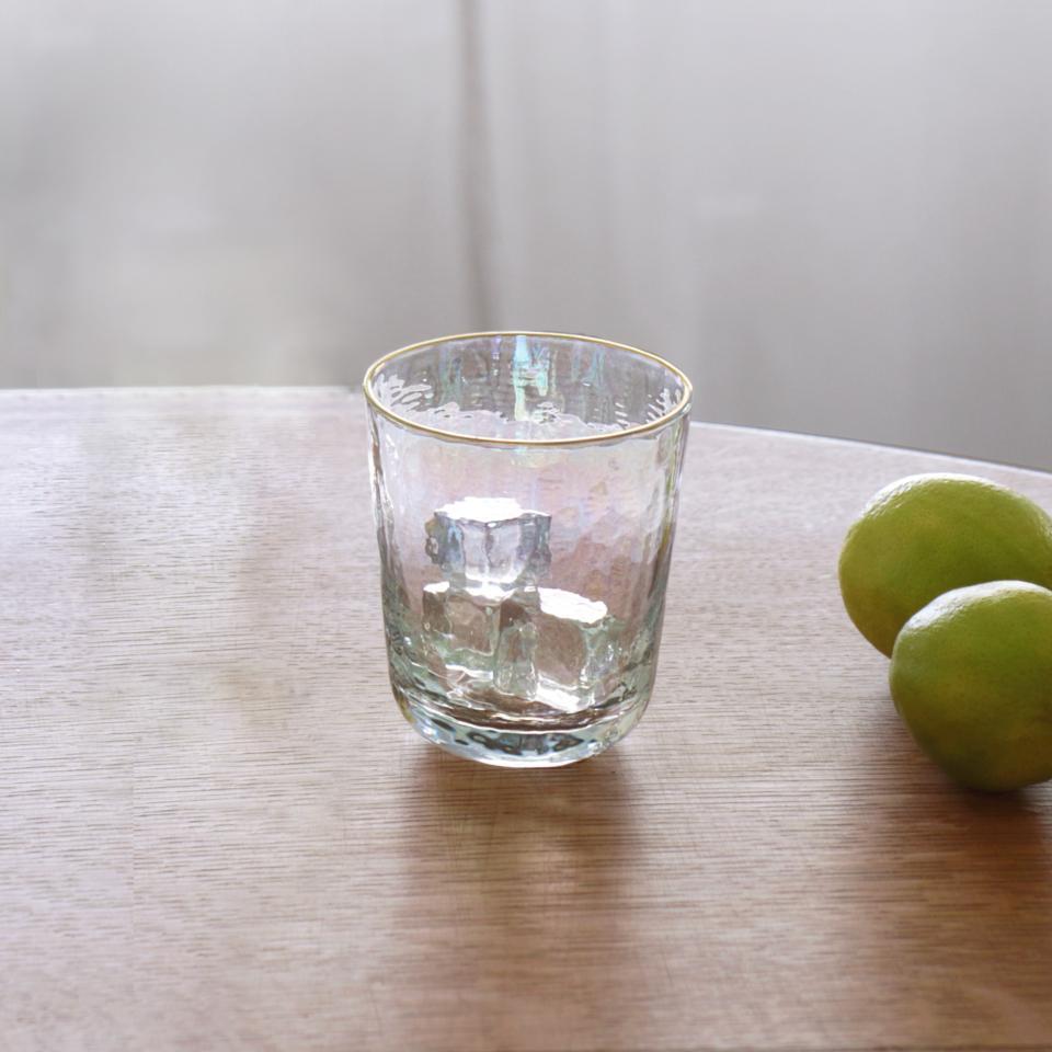 Mother of Pearl Stemless All Purpose with Gold Rim Set of 4 (Clear and Gold)