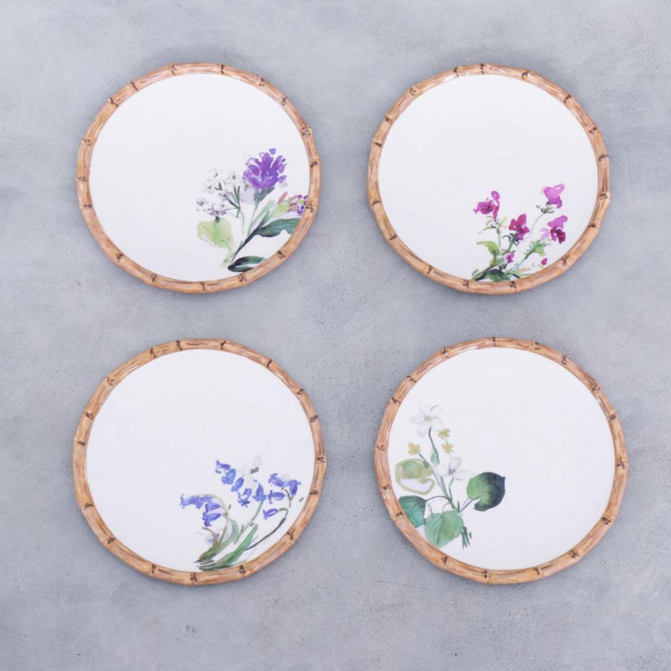 Bamboo Floral Salad Plates Set of 4 (White and Multi)