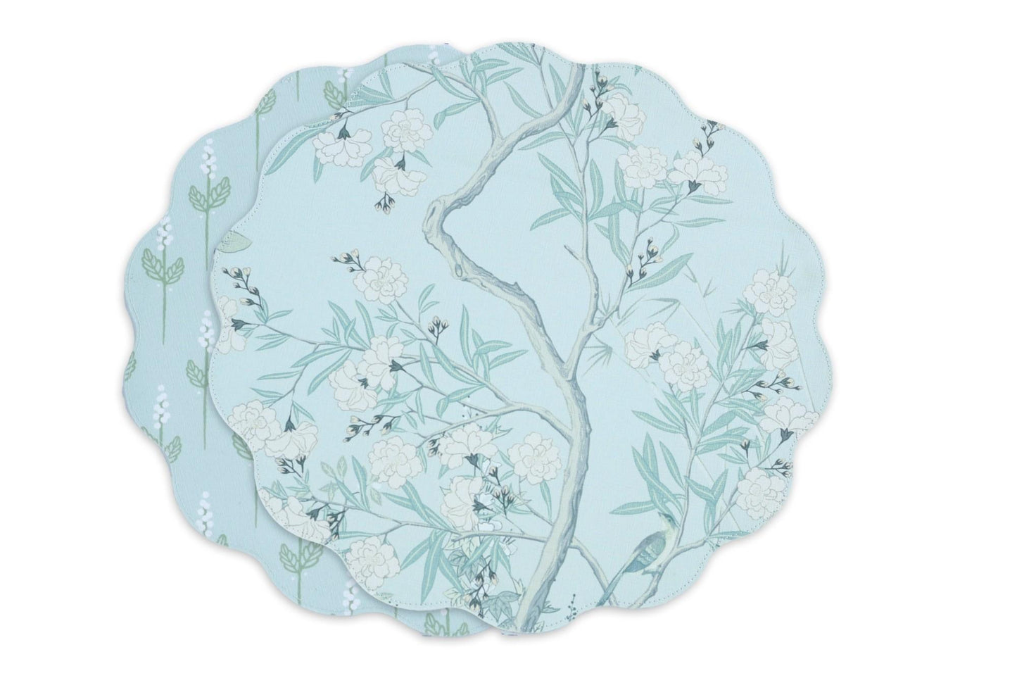 VIDA Chinoiserie Reversible Round Placemats Set of 4 (Light Teal & White)