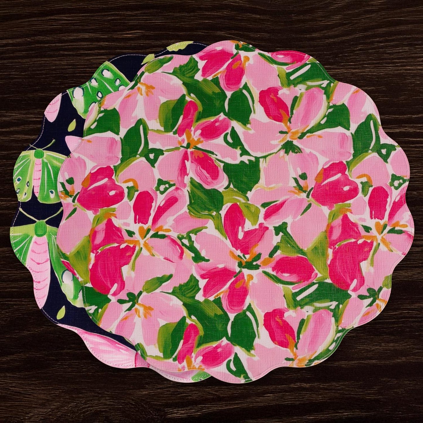 VIDA Butterflies & Flowers Reversible Round Placemats Set of 4 (Pink & Green)