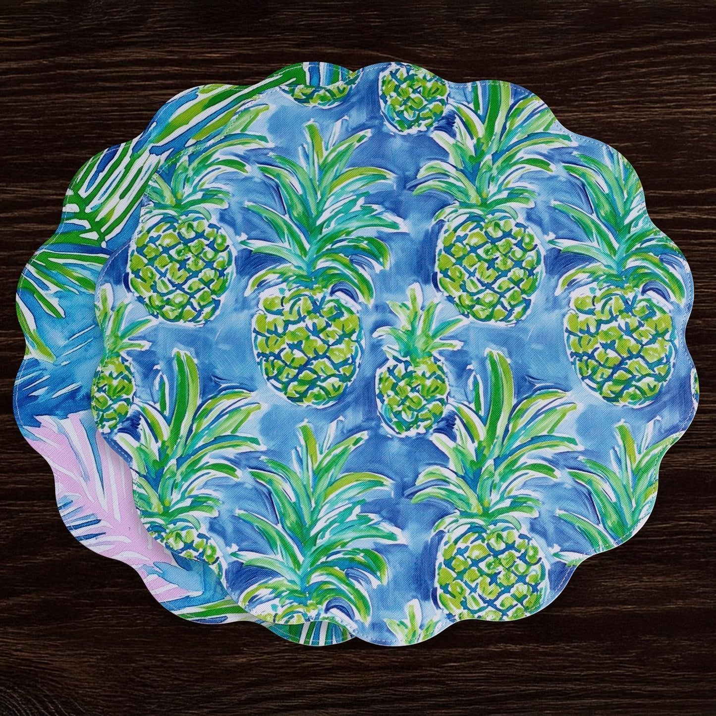 VIDA Pineapples & Palms Reversible Round Placemats Set of 4 (Blue & Green)