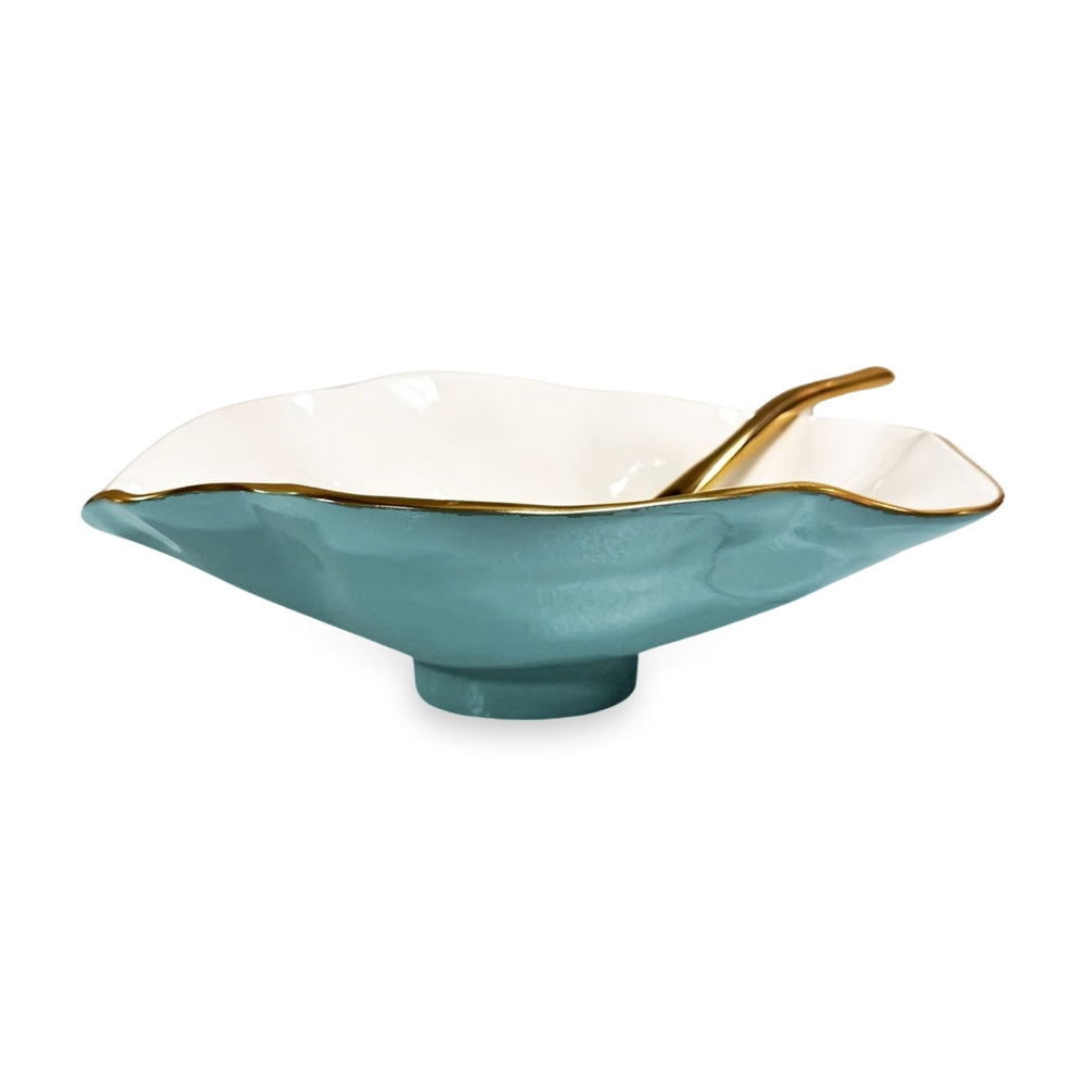 Claire Small Oval Bowl with Spoon (Turquoise, White and Gold)