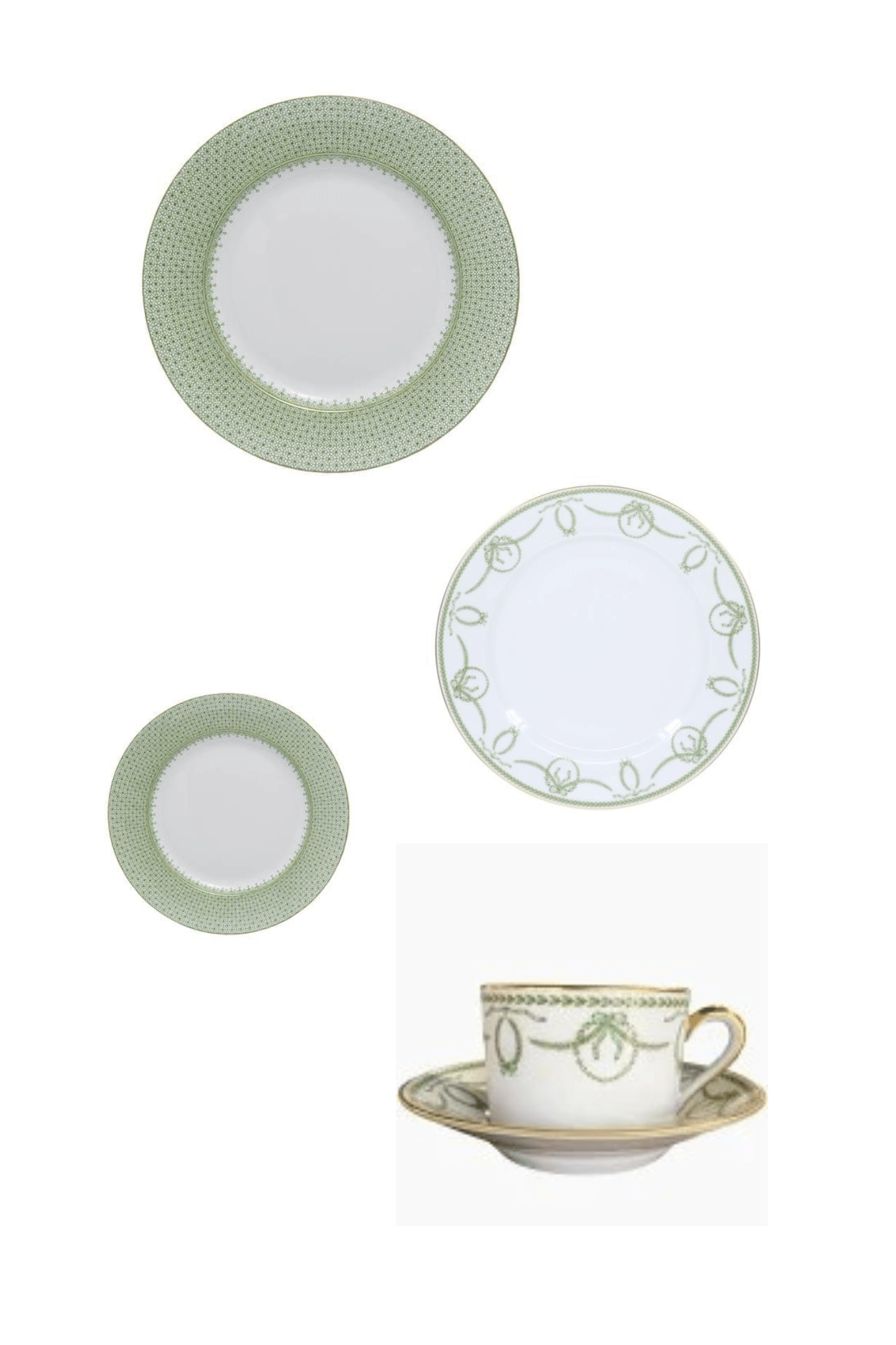 Apple Green Lace by Mottahedeh w/ Cheverny Green by Philippe Deshoulieres Five Piece Place Setting