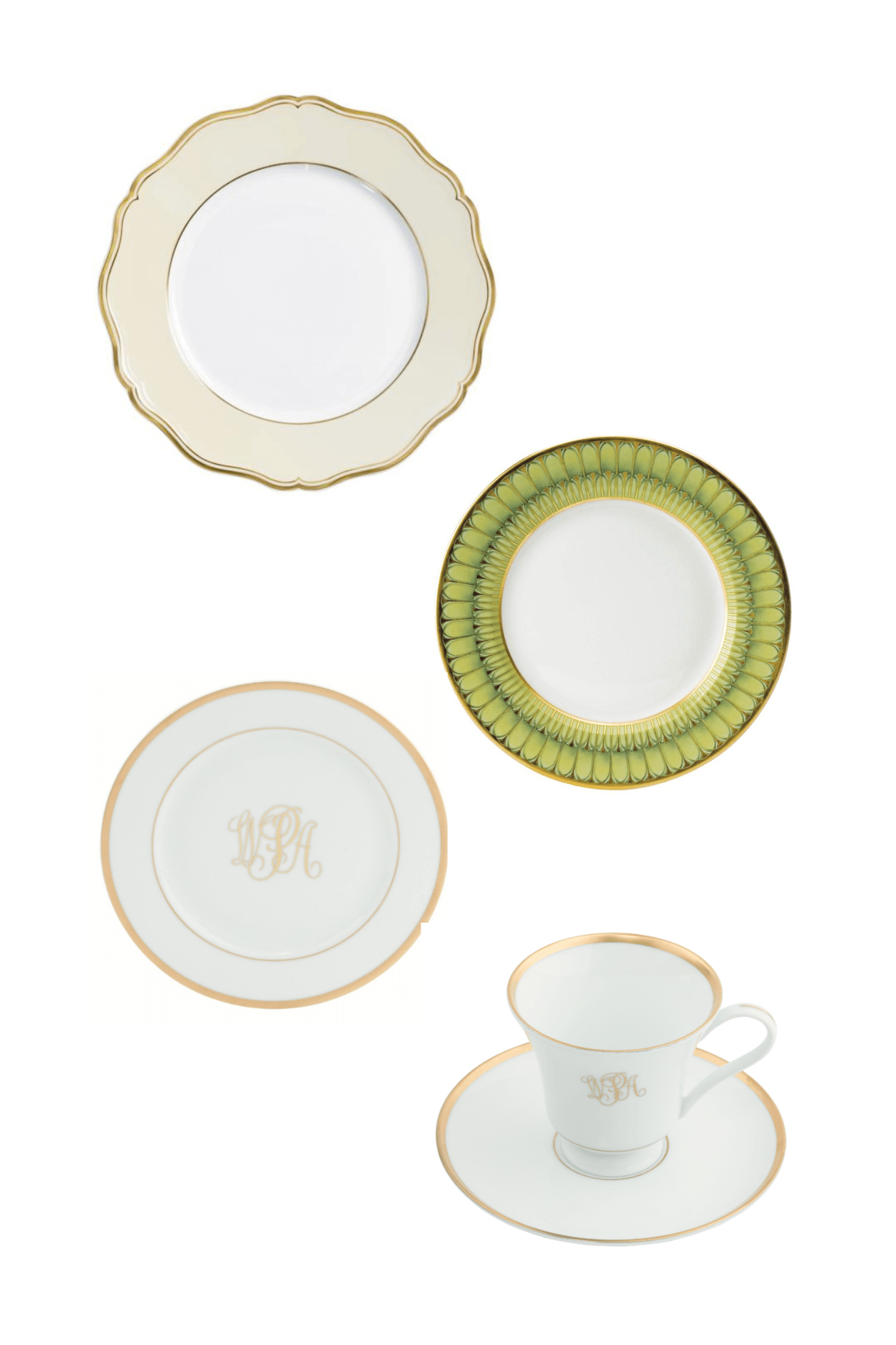 Mazurka Or Ivory by Raynaud w/ Signature White/Gold Monogrammed by Pickard and Arcades Green/Gold by Philippe Deshoulieres Five Piece Place Setting