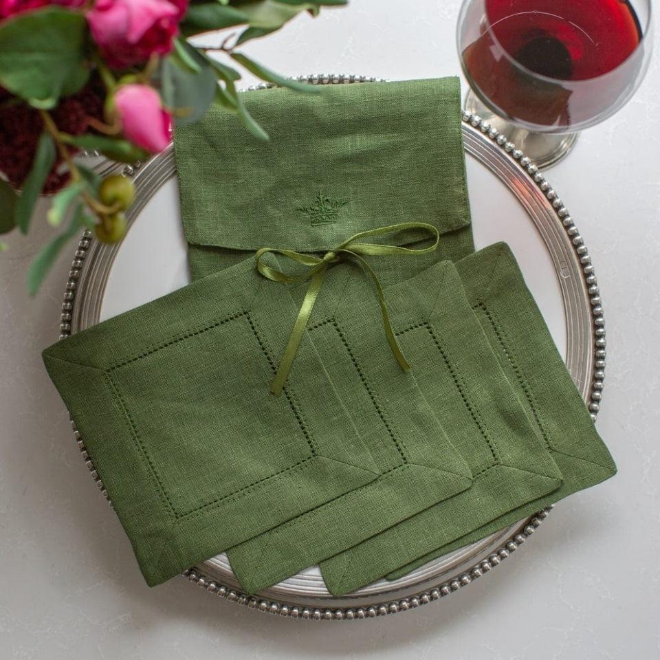 Hemstitch Evergreen Cocktail Napkin Set