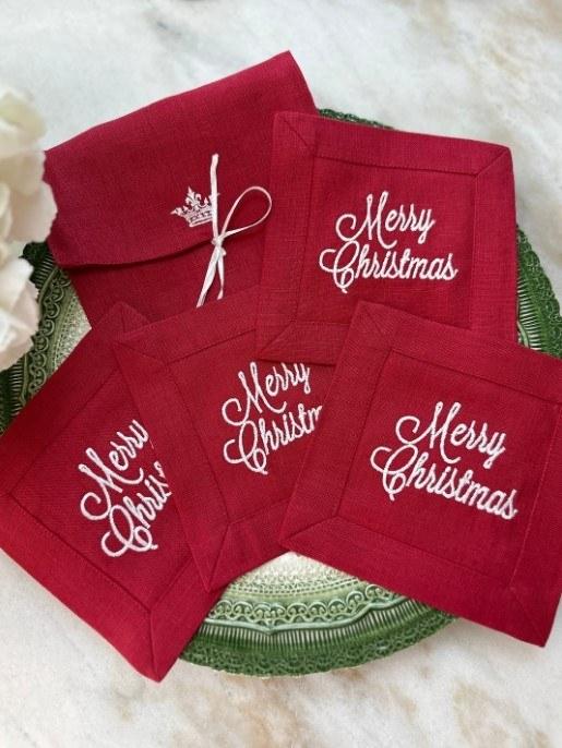 Cocktail Napkin Set (4), Merry Christmas, Red (White)