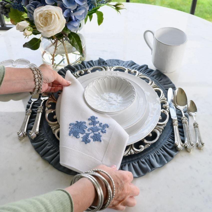 Large Napkin, Whimsey Floral, White, French BLue