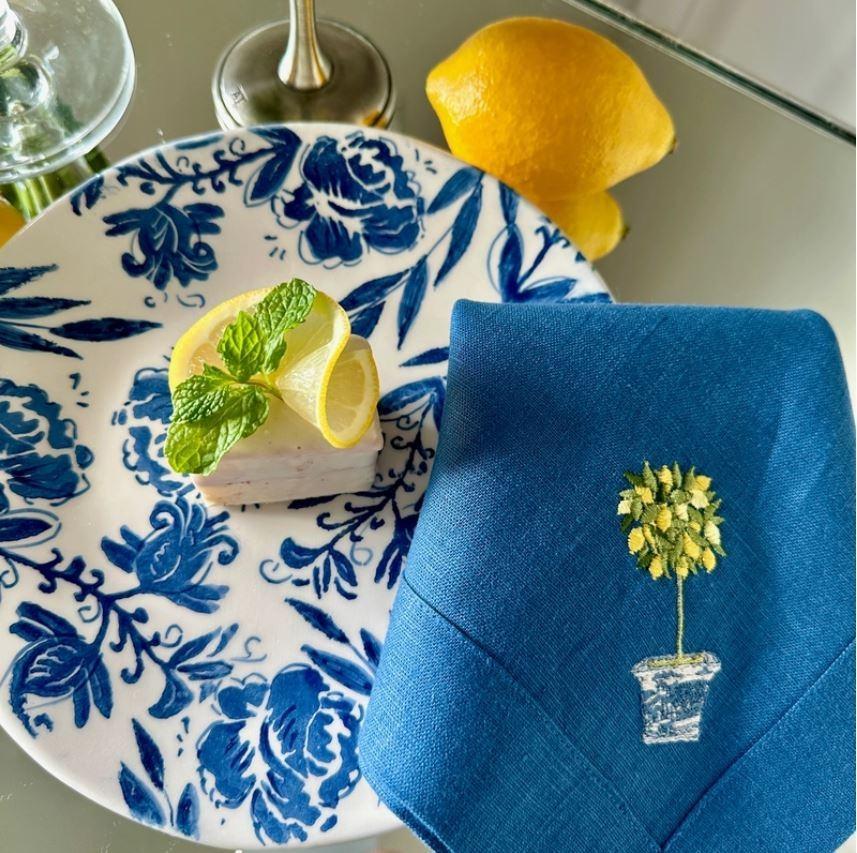 Lemon Topiary Large Linen Napkin, Royal Blue