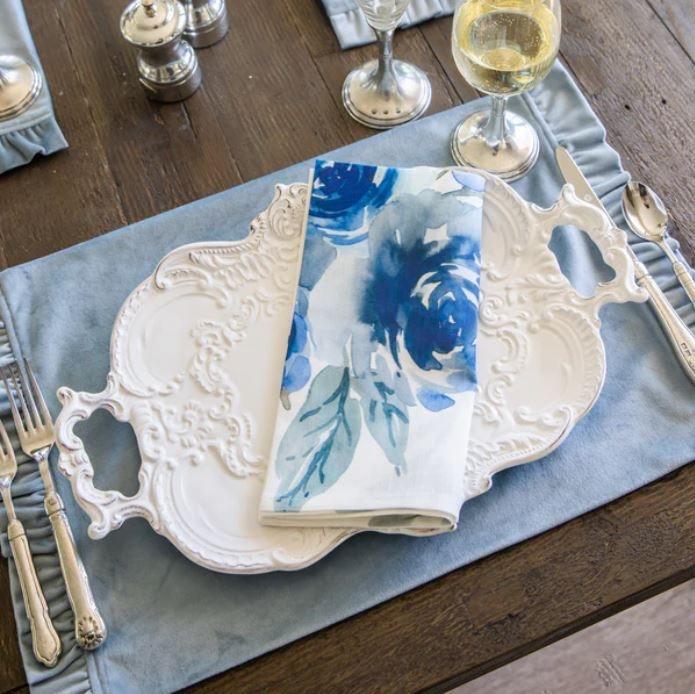 Large Napkin, Watercolor Blue Floral, Italian Linen