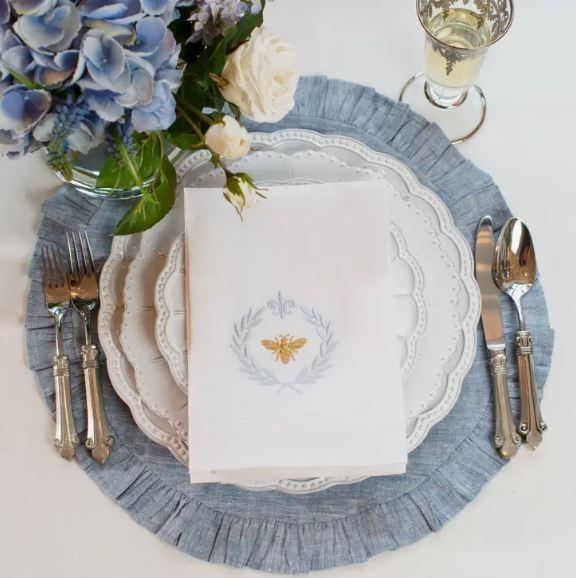 Round Ruffle Linen Placemat, Blue Chambray