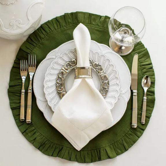 Round Ruffle Linen Placemat, Evergreen