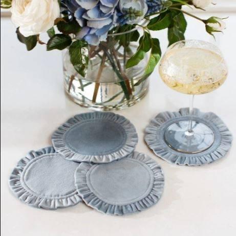 Round Ruffle Velvet Light Blue Cocktail Napkin Set