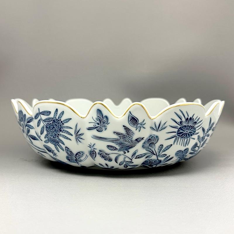 Sacred Bird & Butterfly Blue Scalloped Bowl