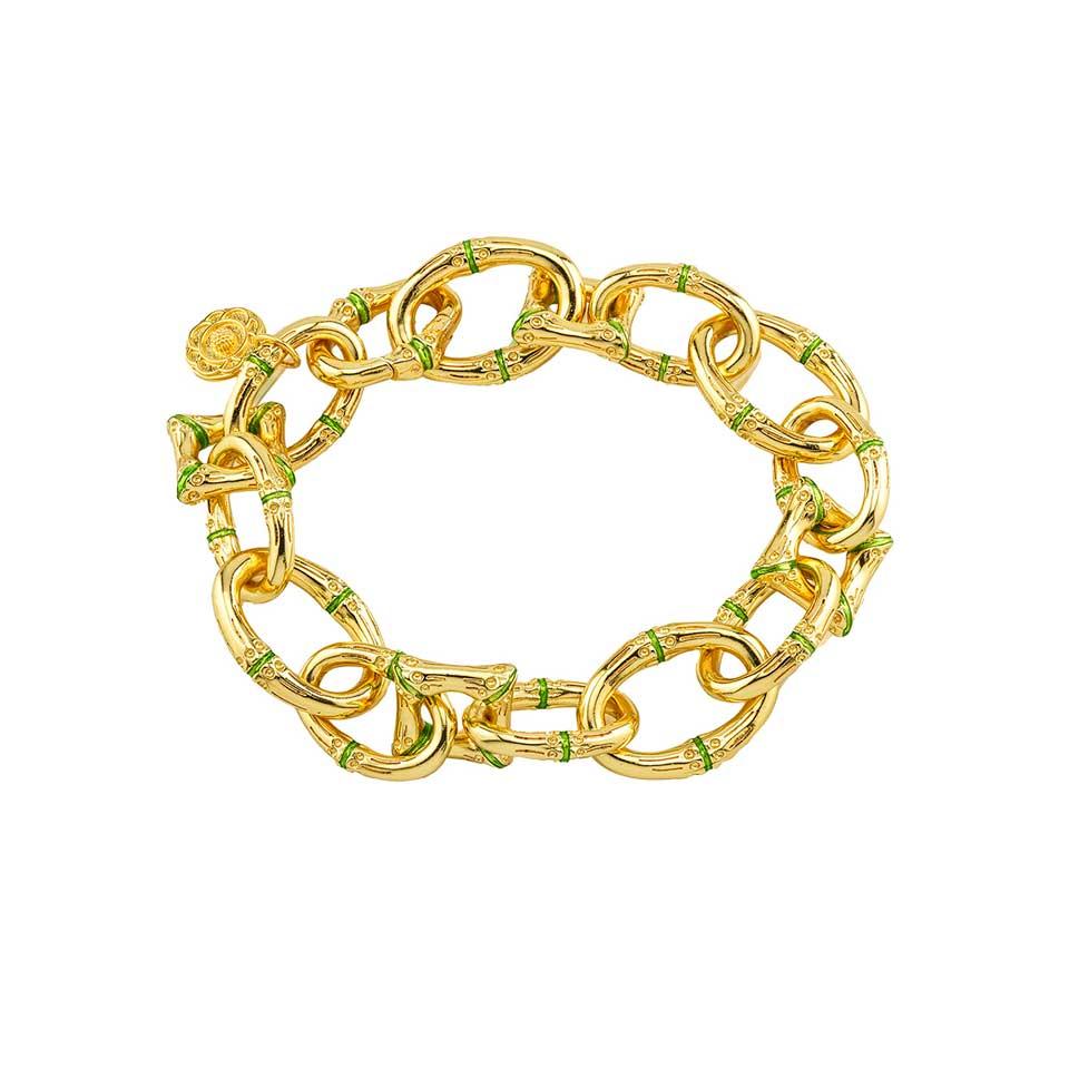 Link Bracelet, 7.25" - Gold/Green Enamel