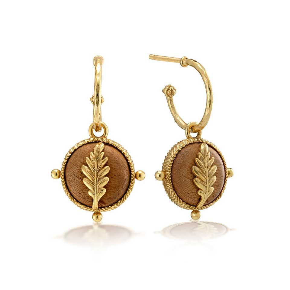 Oak Leaf Earrings with Double Sided Charm - Teak/Gold