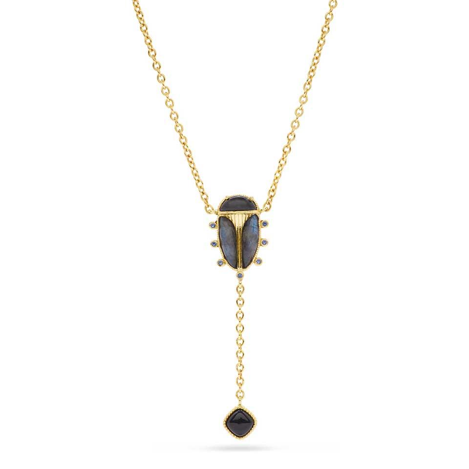 Lariat Necklace, 18" - Blue Labradorite/Black Agate