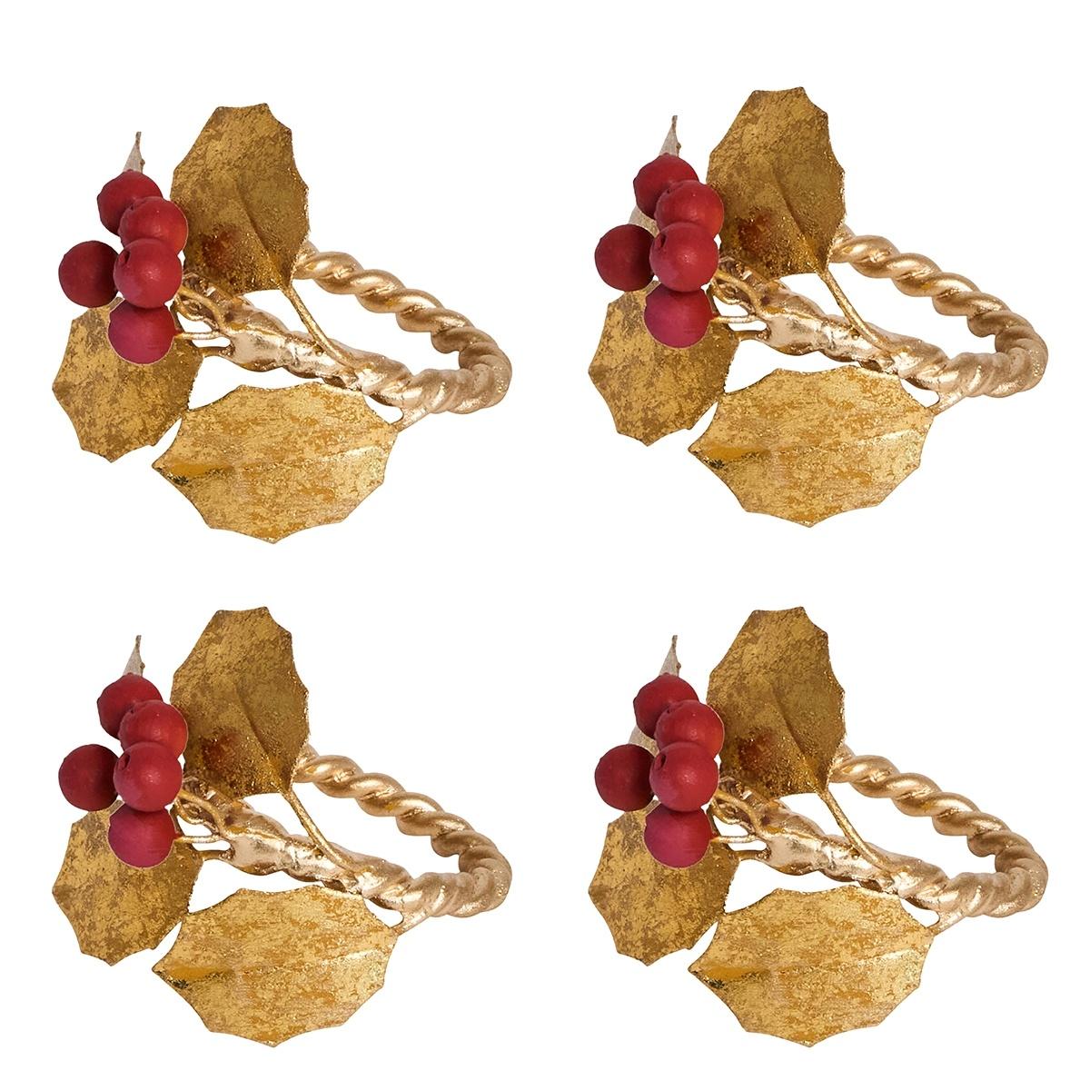 Forest Walk Holly with Berries Napkin Ring Set/4 - Multi