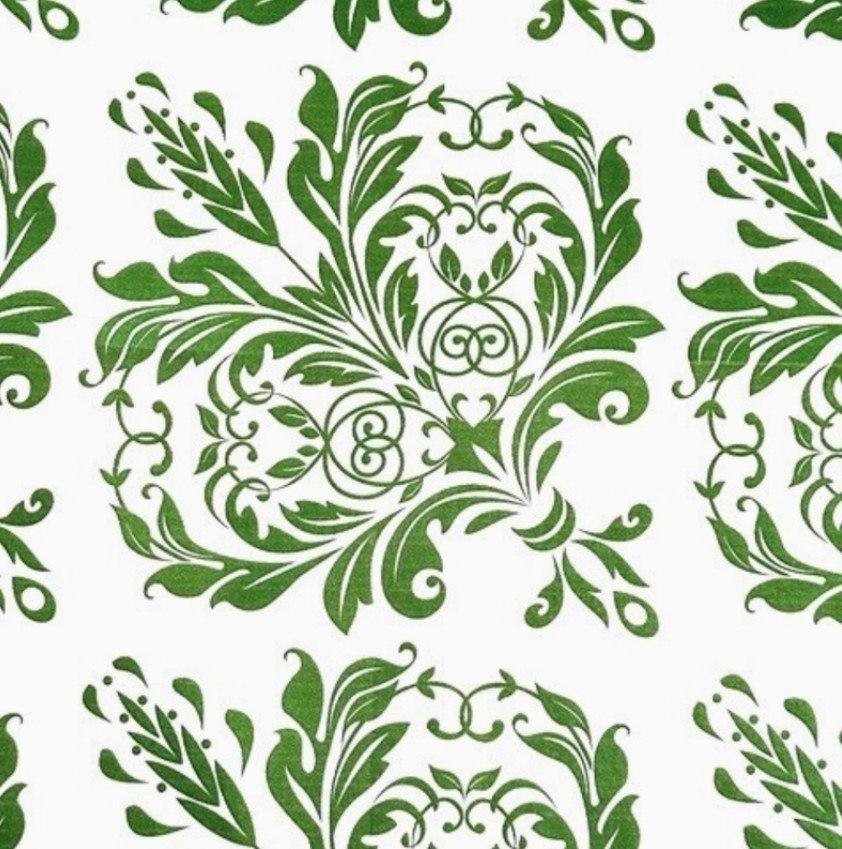 Italian Cotton, Damask, White with Green