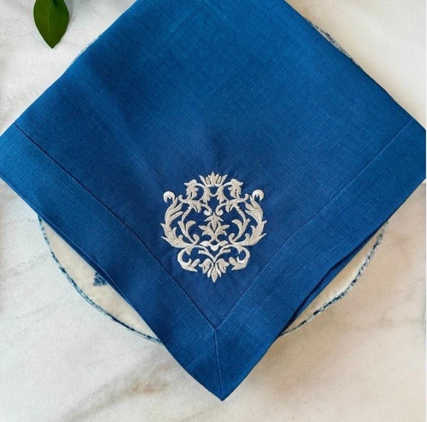 Napkin Large, Damask, Royal Blue (Cream)