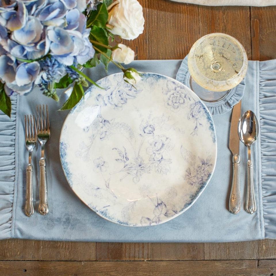 Velvet Rectangle Placemat with Ruffle, Light Blue