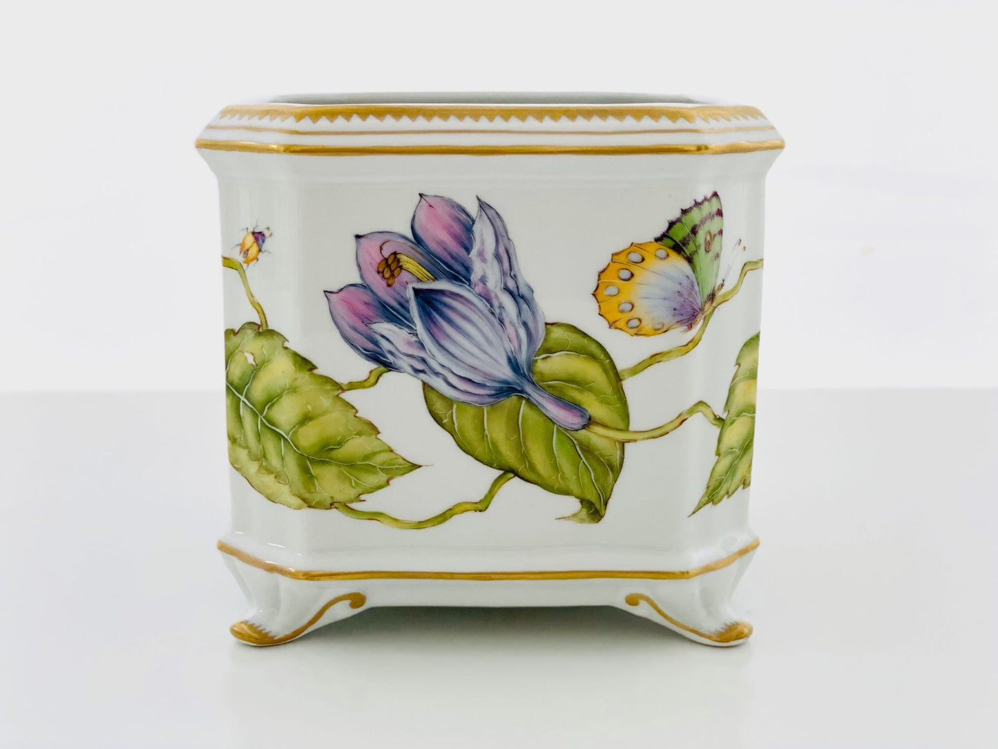 Square Cachepot - Purple & Blue Flower w Yellow Green Butterfly