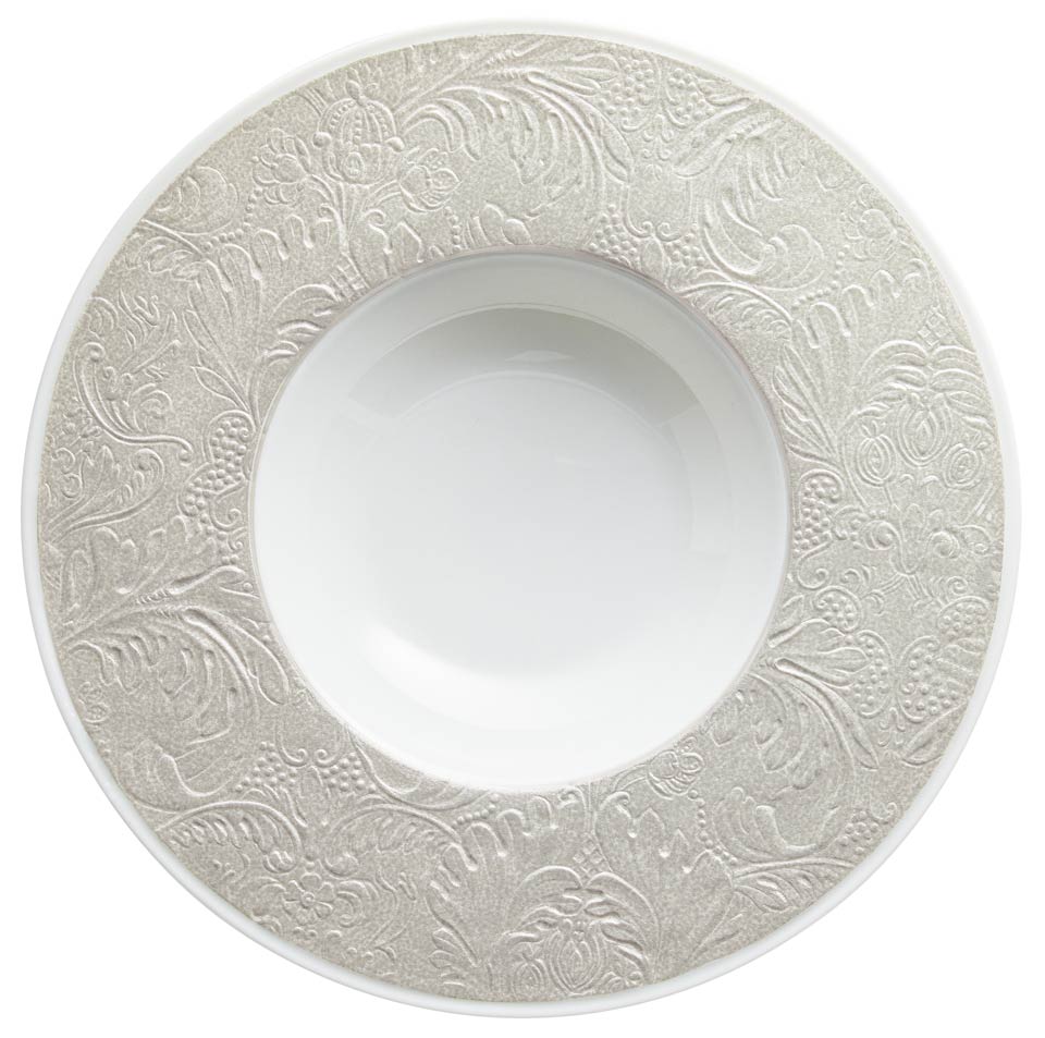 Pearl Grey - French Rim Soup Plate w/Engrvd Rim 10.6 in Ctr 5.5 in 9 oz