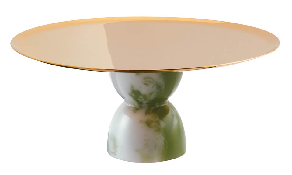 Footed Stand 8 1/2 in H 3 3/4 PVD Gold/Jade Resin