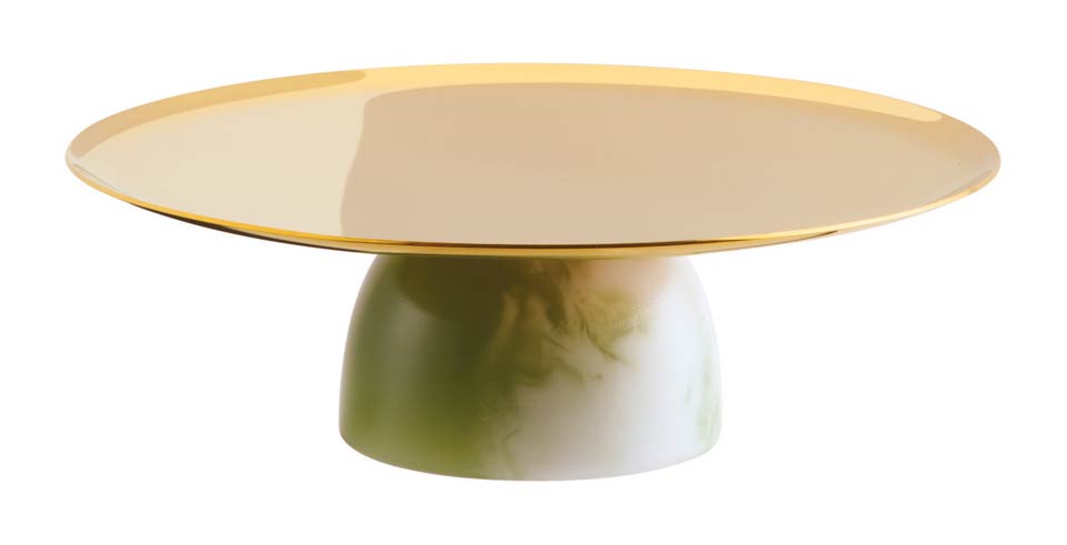 Footed Stand 6 1/4 in H 2 in PVD Gold/Jade Resin