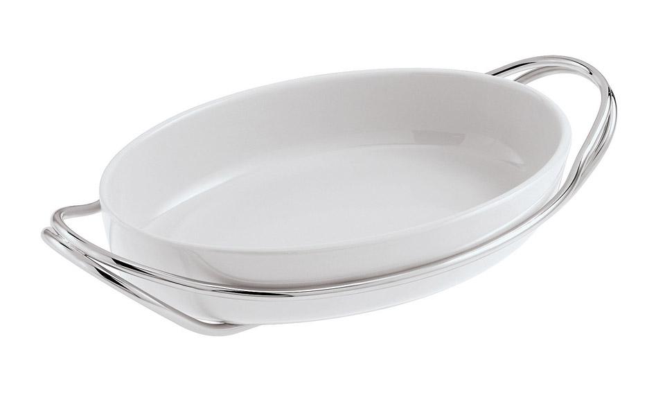Holder w/ Oval Porcelain Dish Set 18/10 s/s 17 15/16 x 10 5/8 in Polished