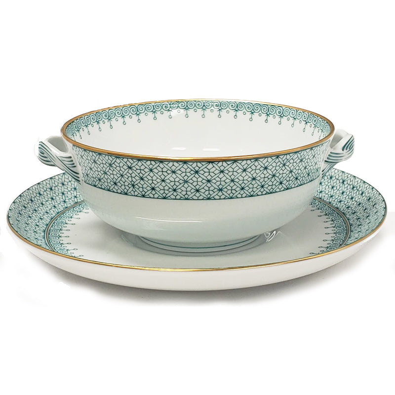  Green Lace Cream Soup & Saucer