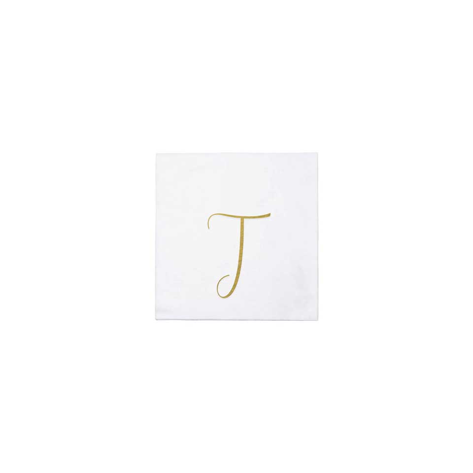 Gold Monogram Cocktail Napkins - T (Pack of 20)