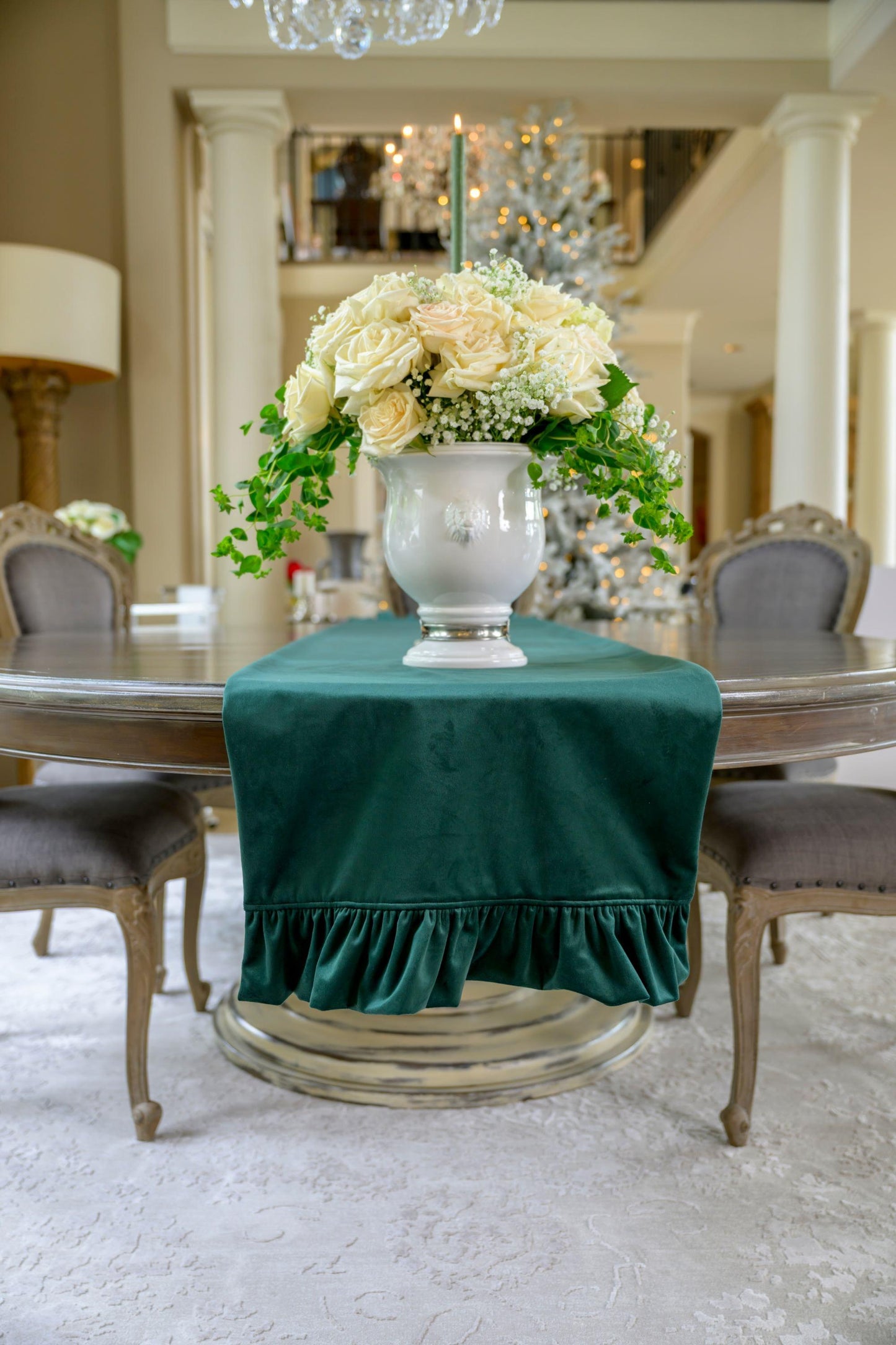Velvet Forest Green Runner, With Ruffle 90"