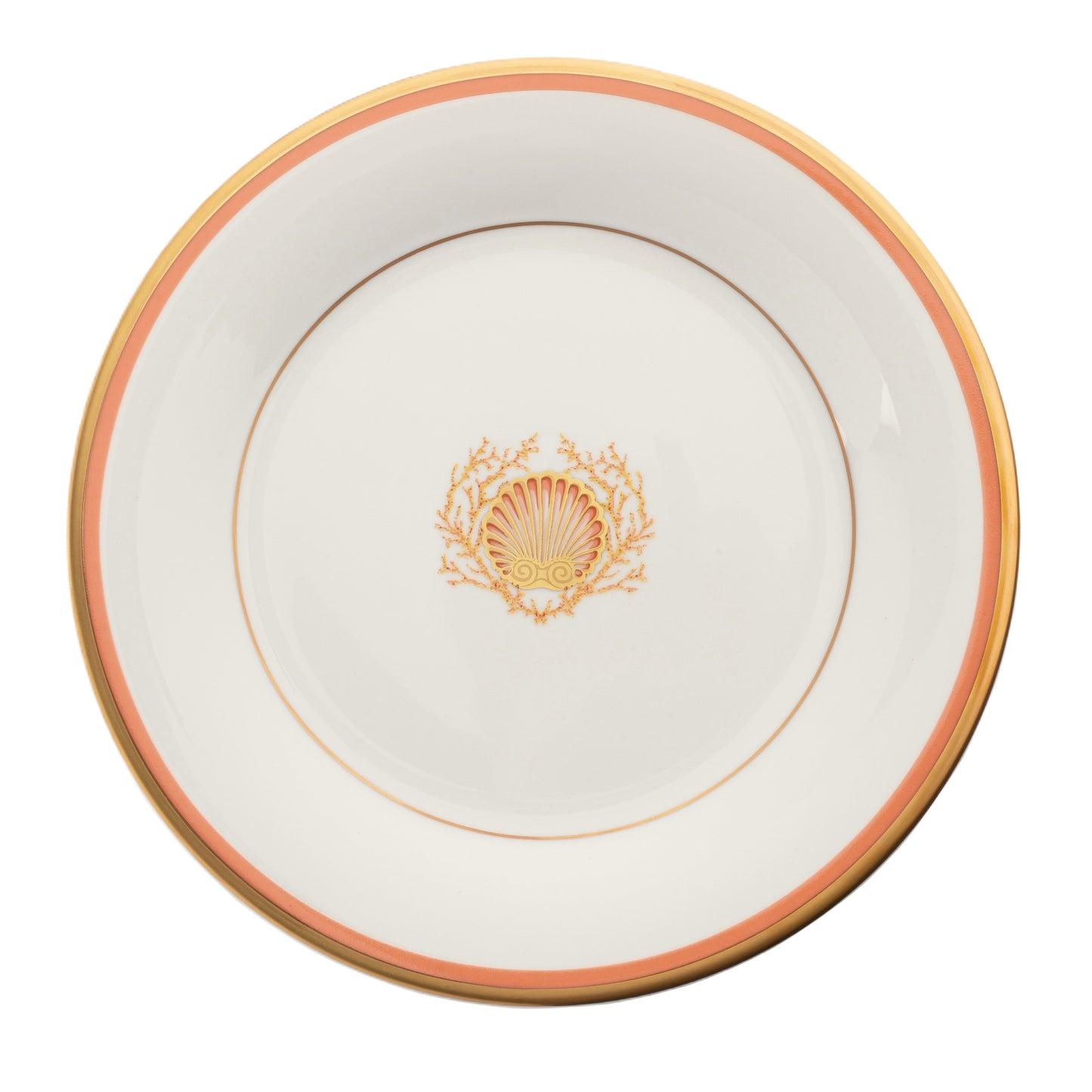 Motif on Center Well Charger Plate Gold and Coral Band