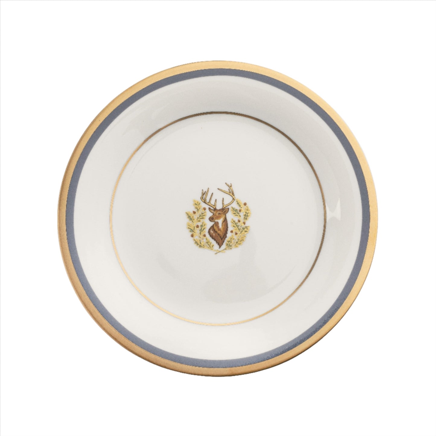 Motif on Center Well Charger Plate Gold and Gray-Blue Band