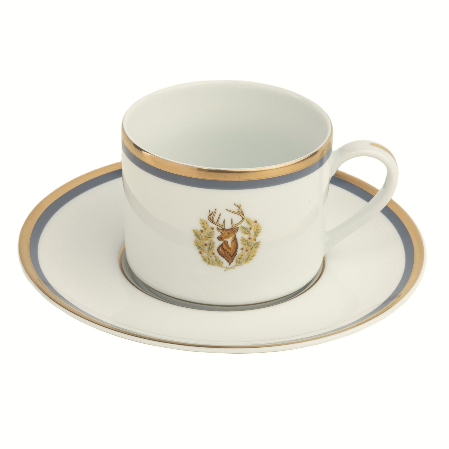 Tea Cup Saucer Gold and Gray-Blue Band