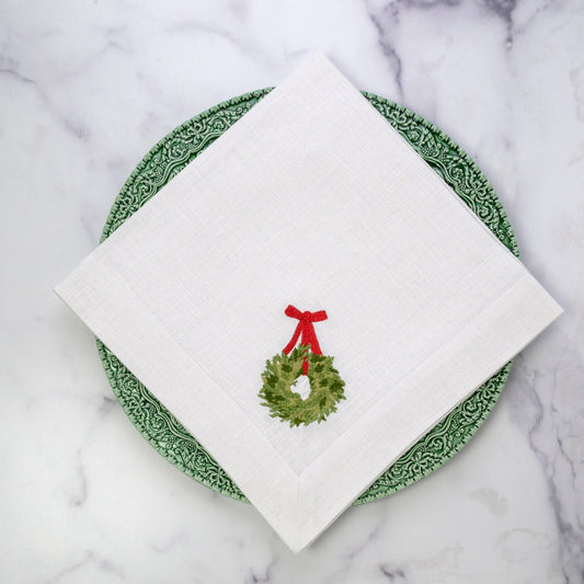 Boxwood Wreath, White (Red Ribbon) Large Napkin