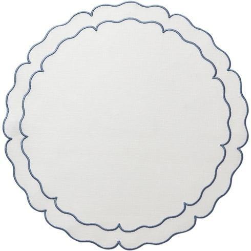 Linho Scalloped Round Placemat White w/ Blue by Skyros