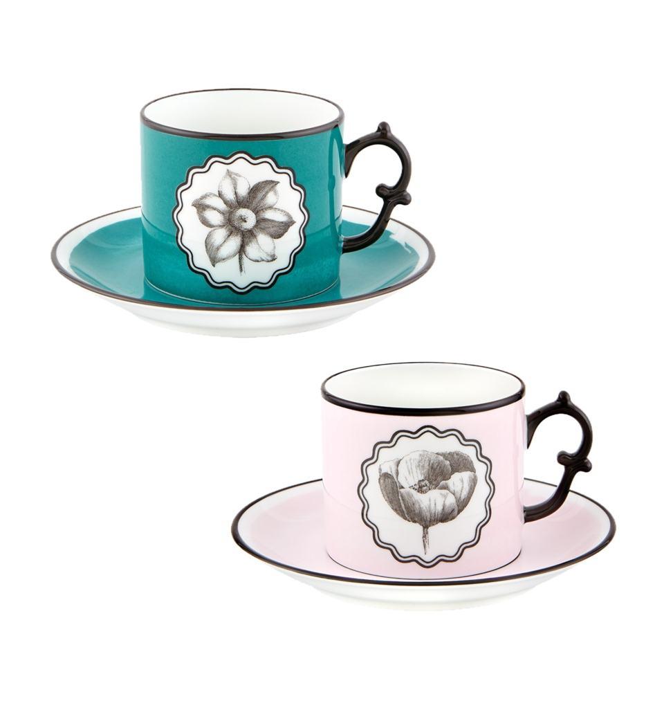 Pink and Peacock Tea Cups and Saucers ÃÂÃÂ Set of 2