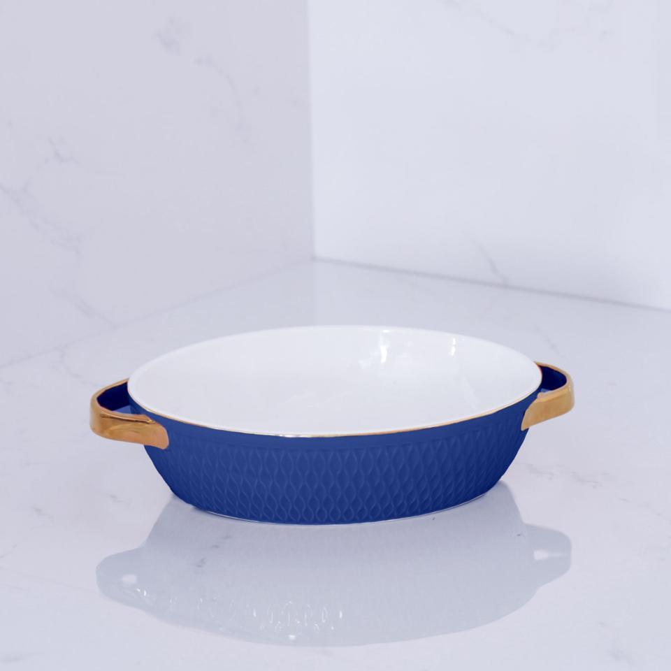 Small Oval Baker with Gold Handles (Blue)