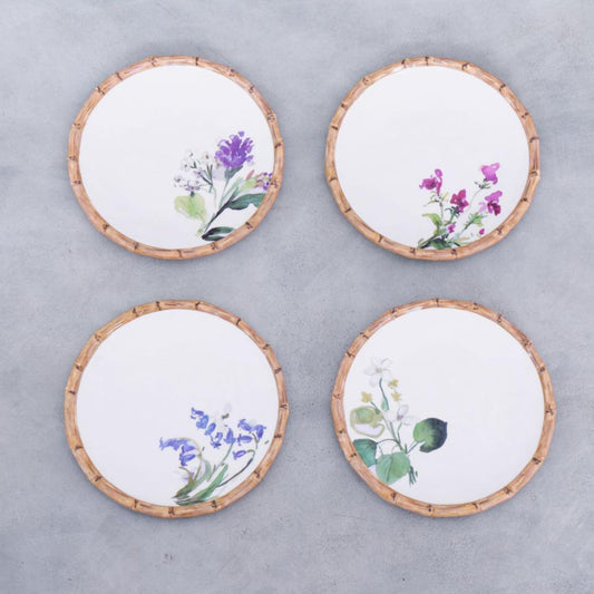 Bamboo Floral Salad Plates Set of 4 (White and Multi)