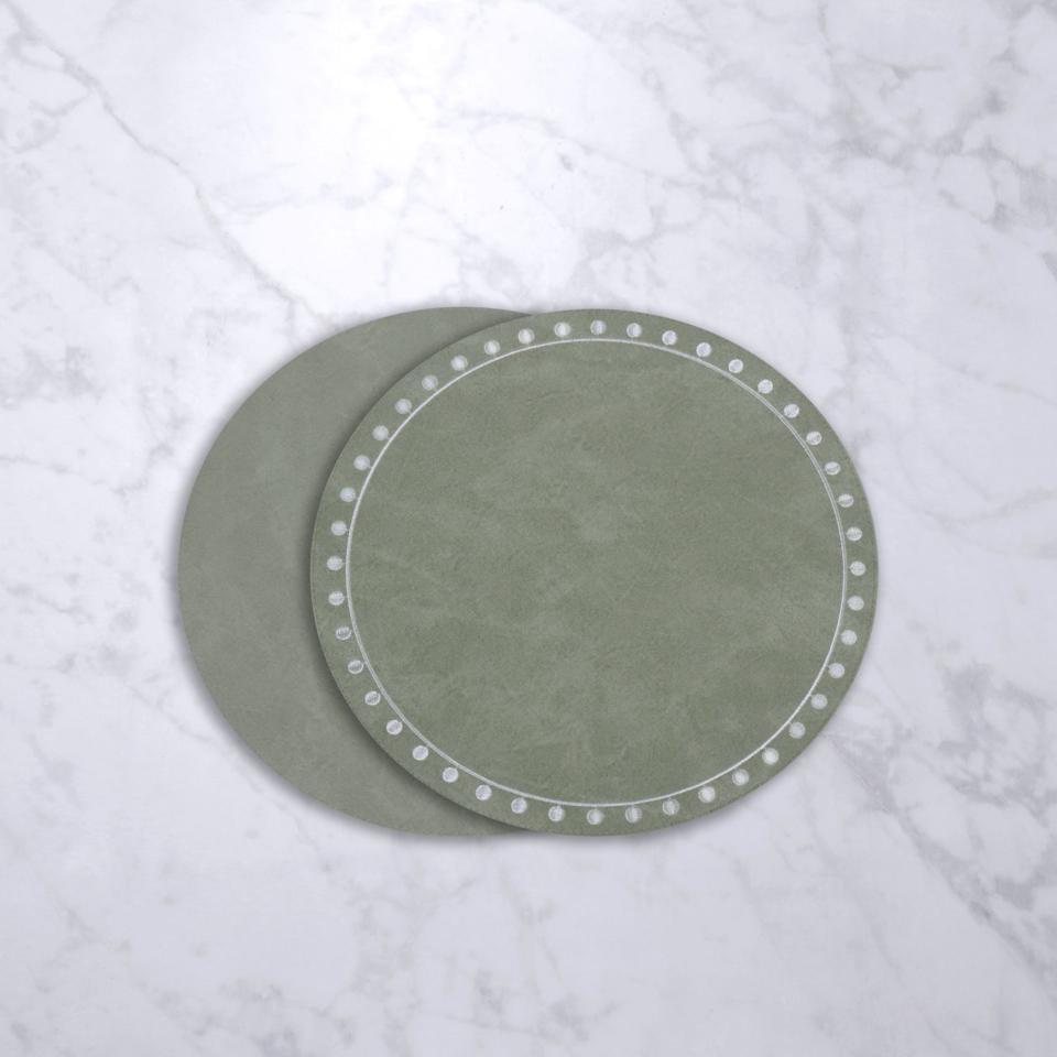 Round Embroidered Dots 15.5" Round Placemats Set of 4 (Green and White)