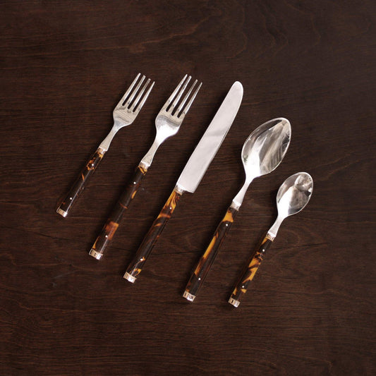 Tortoise and Gold Stainless Flatware Set of 5 (Gold)