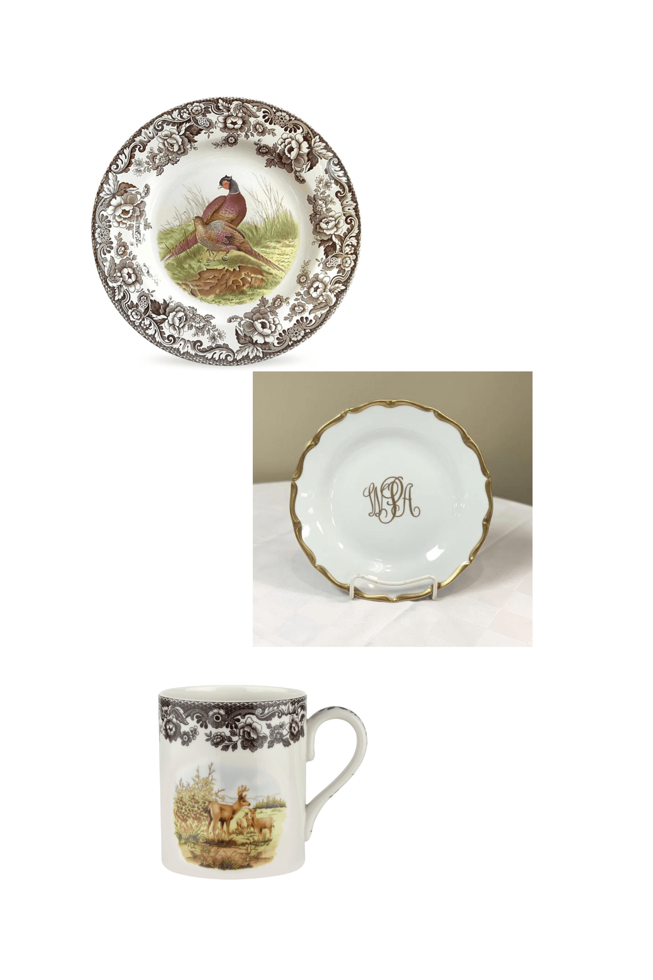 Woodland by Spode with Birmingham Gold Monogrammed by Pickard Three Piece Place Setting