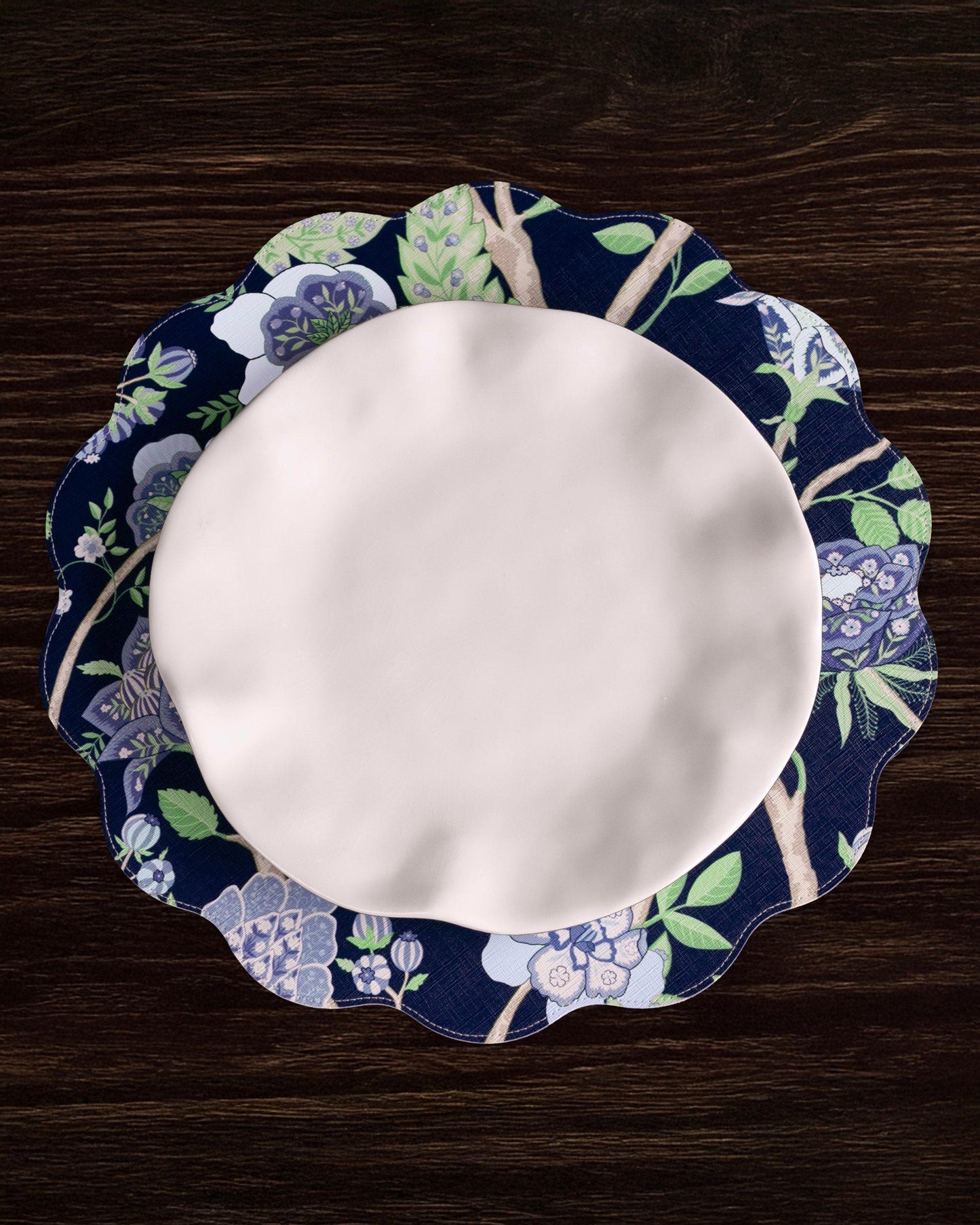 VIDA Blooms & Branches Reversible  Round Placemats Set of 4 (Navy & Green)