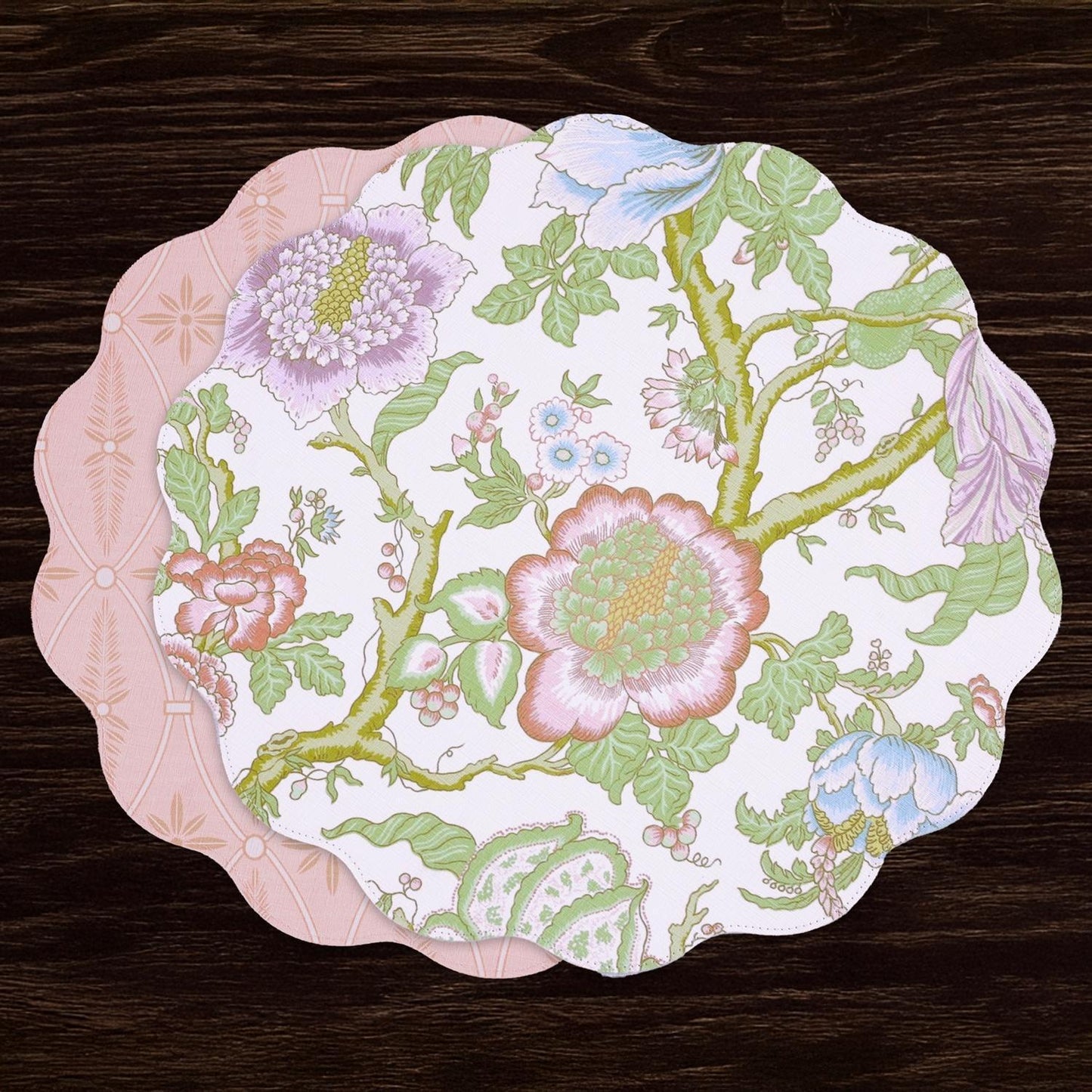 VIDA Blooms  & Branches Reversible  Round Placemats Set of 4 (Pastel Pink & Blue)