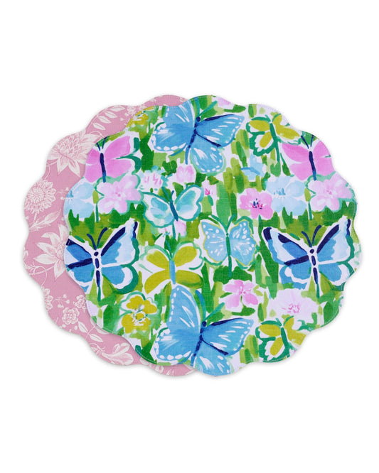 VIDA Butterfly Garden & Flowers Reversible  Round Placemats Set of 4 (Pastel)