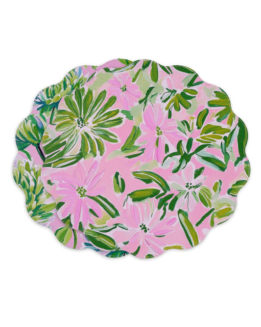 VIDA Hydrangeas & Daisies Reversible  Round Placemats Set of 4 (Pink & Green)