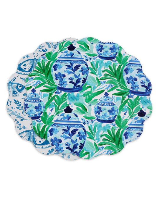 VIDA Ginger Jar & Butterflies Reversible  Round Placemats Set of 4 (Blue & Green)
