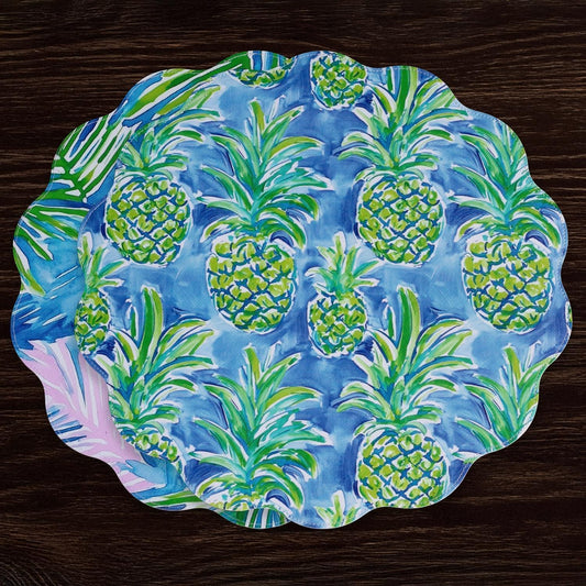 VIDA Pineapples & Palms Reversible  Round Placemats Set of 4 (Blue & Green)